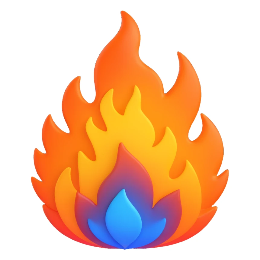 classic fire emoji, 3D style, blue to orange gradient, layered flame effect, matching reference image, new shape variation sticker