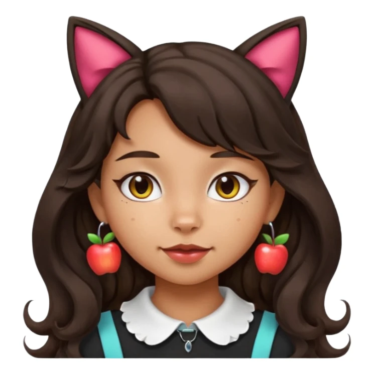 Remove the pink shirt so the character is only wearing a cute collar. Keep her medium Hispanic skin tone, long dark wavy hair, and cat ears without a headband. Maintain apple emoji style with transparent background. sticker