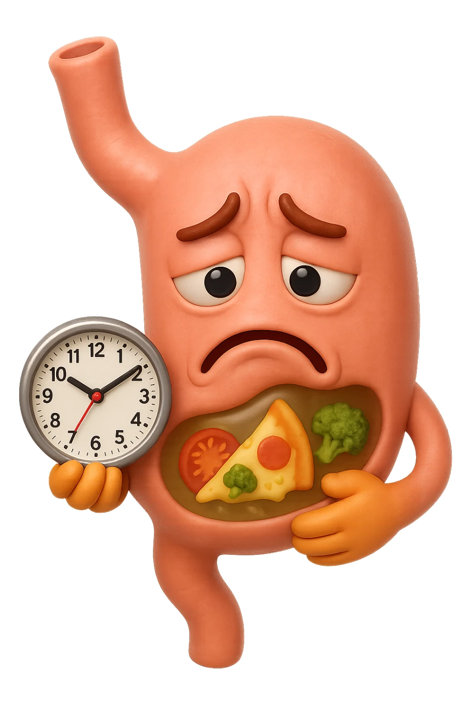 EMOJI STILE IPHONE 3D DI UNo stomaco umano con espressione dolornate, ha del cibo visibile dentro che non sta digerendo. in mano tiene un orologio da muro, iperrealistico 4k sticker