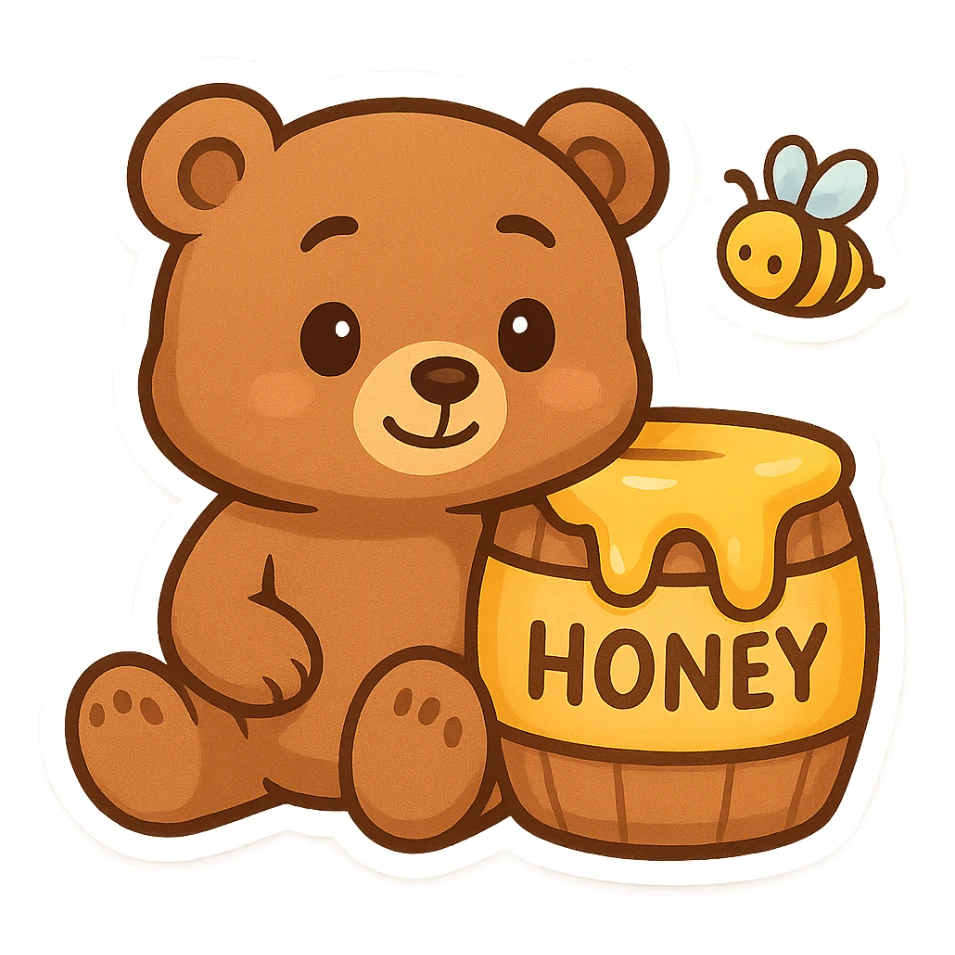 Create a second version of the cartoon bear and honey barrel scene for a 'find the differences' game. Make three subtle changes: change the bear's expression slightly, alter the shape of the honey on the barrel, and move the bee to a different position. Keep the style and layout consistent with the original chibi stickers style. sticker