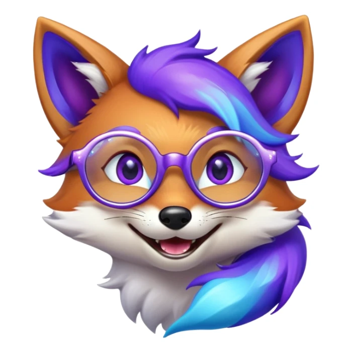 A magical fox with shimmering purple and blue fur, a glowing tail, a silver star on its forehead, and round glasses, laughing so hard that tears are streaming from its eyes. 🦊😂 sticker
