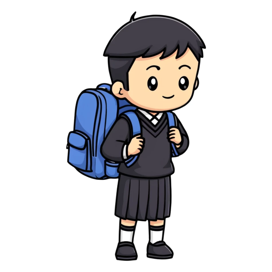 Japanese high school boy in traditional black uniform with school backpack sticker