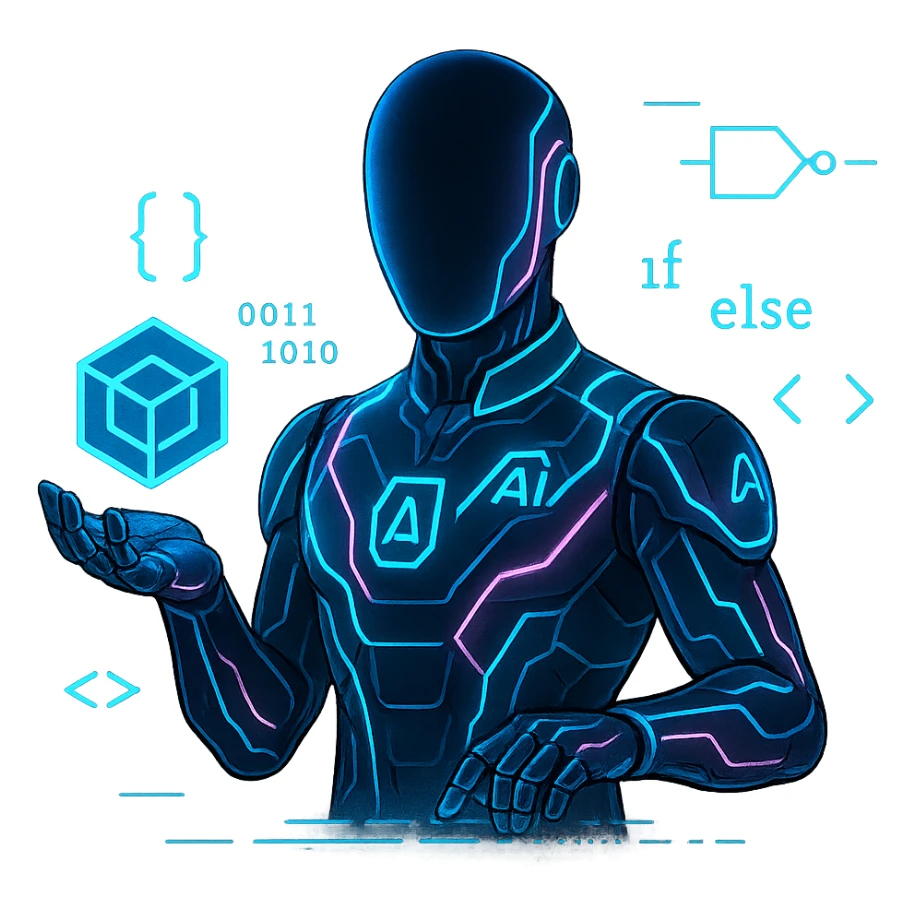 sleek faceless humanoid in an AI suit with neon circuits, holding a floating cube logo in one hand, the other hand typing on an invisible interface, with code and logic elements around, futuristic digital style sticker