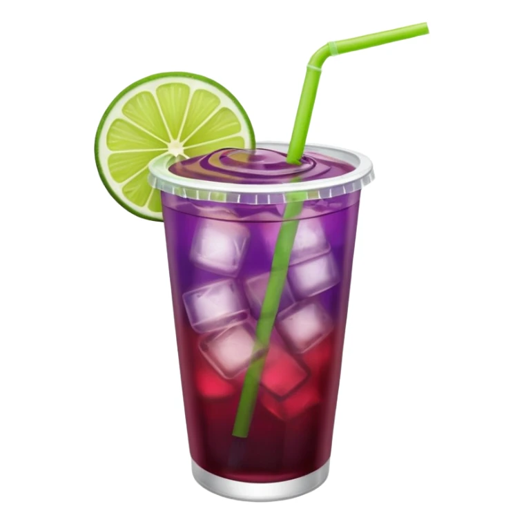 maroon purple cocktail with a lime wedge in the drink in a plastic cup with lid and straw

 sticker
