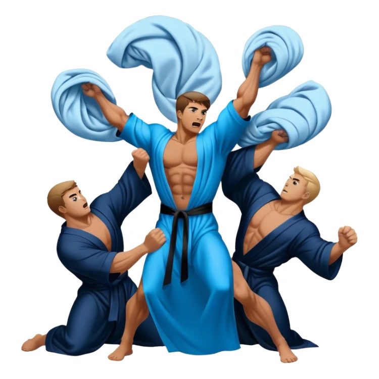 muscular men silk blue black robe pillow fight  sticker