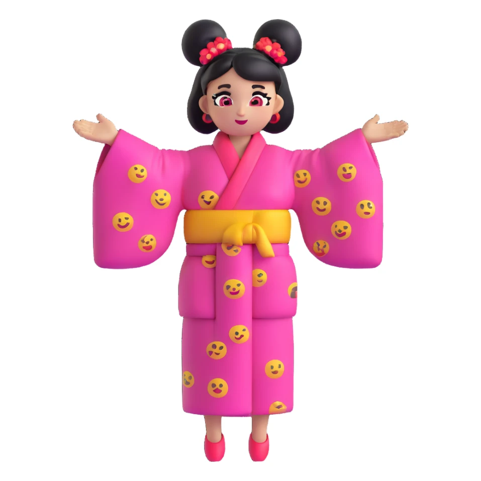 fun emoji character, two large black space buns, vibrant kimono-inspired dress in pink red and black, exaggerated sleeves, bright makeup, wide-eyed sassy expression, energetic pose sticker
