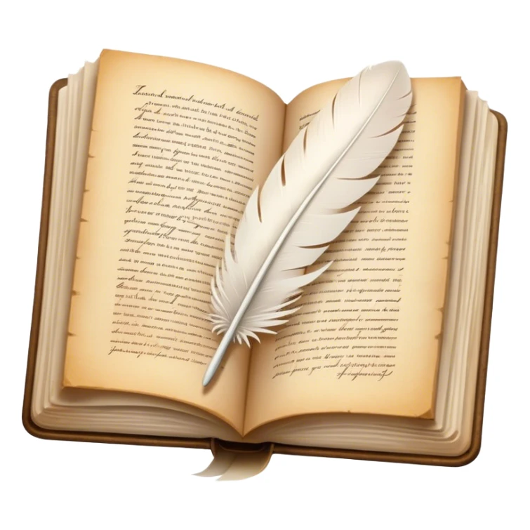 Create a poetic and elegant emoji representing poetry. The design should feature several vintage, gracefully flying pages with short, poetic columns written on them. A white feather quill should be depicted writing on one of the pages, with ink flowing smoothly. The pages should have a soft, antique look, with subtle details to convey the delicate nature of poetry. Use soft, light colors with a romantic, airy feel. Make the background transparent. sticker