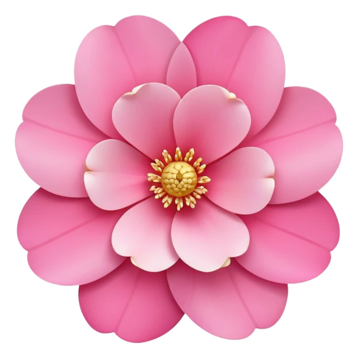 camellia flower, flat design, 5 layered pink petals with soft gradient, golden stamen in center, minimal outline, clean circular shape, pastel colors sticker