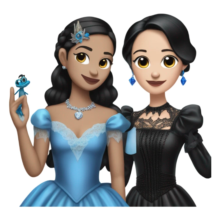 relaxed low-cut back silky black evening ball gown with lace gloves, Jenna Ortega as Wednesday Addams wearing a mini diamond tiara showing off a cute blue horned dragon hand puppet sticker
