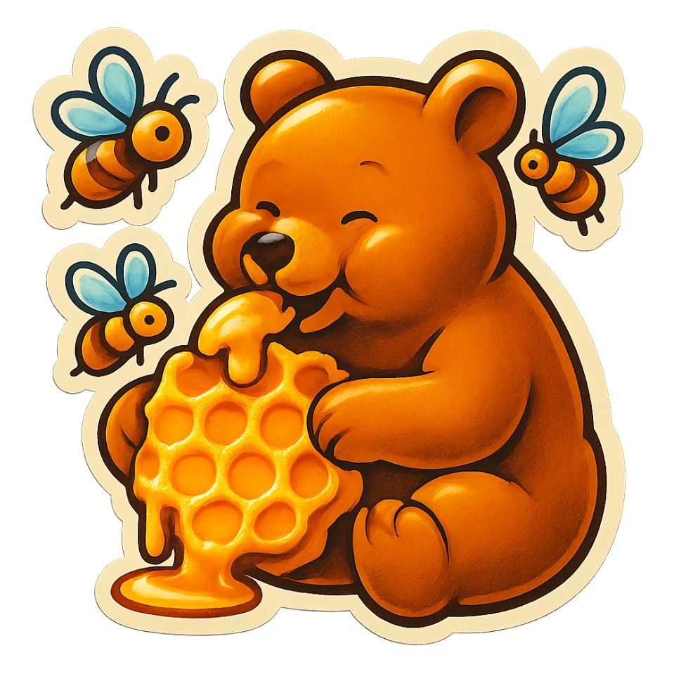 bear eating honeycomb with bees flying around sticker