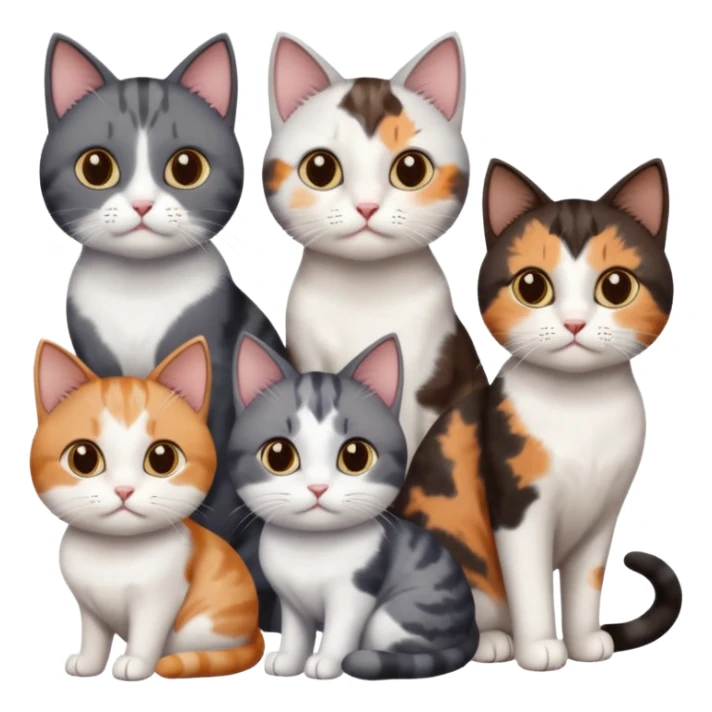5 different coloured short haired cats including; a dark brown and white cat, and a dark grey and white, and a calico sticker