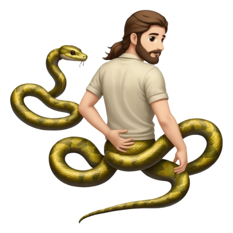 full body man long brown hair brown eyes medium beard white skin seen from behind, snake wrapped around arm and back sticker