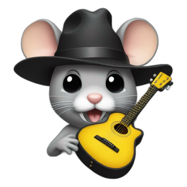 old grey jerry mouse potrait with white moustache, big black hat, and yellow guitar sticker