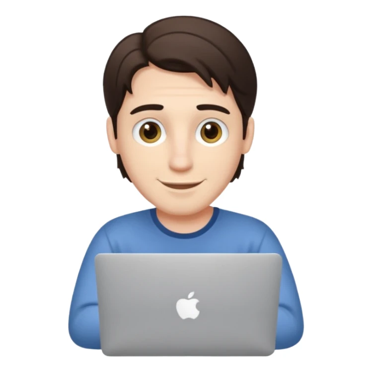 A white brunette man in his mid 20s, middle part average dude with slightly droopy eyes, happy, using a MacBook (no logo), hero for an iOS developers website sticker