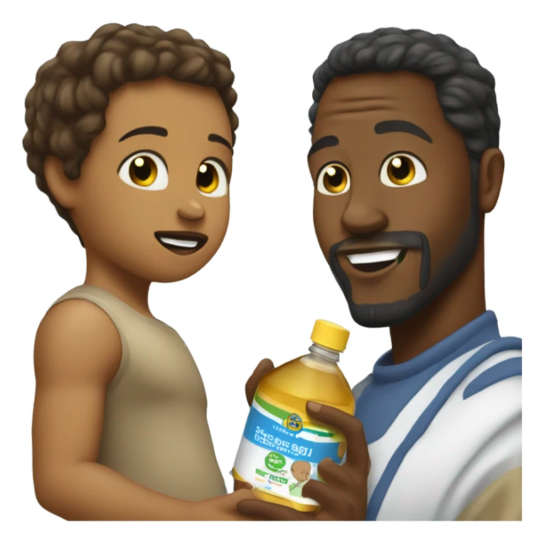 Black guy with goatee and buzz holding baby oil sticker