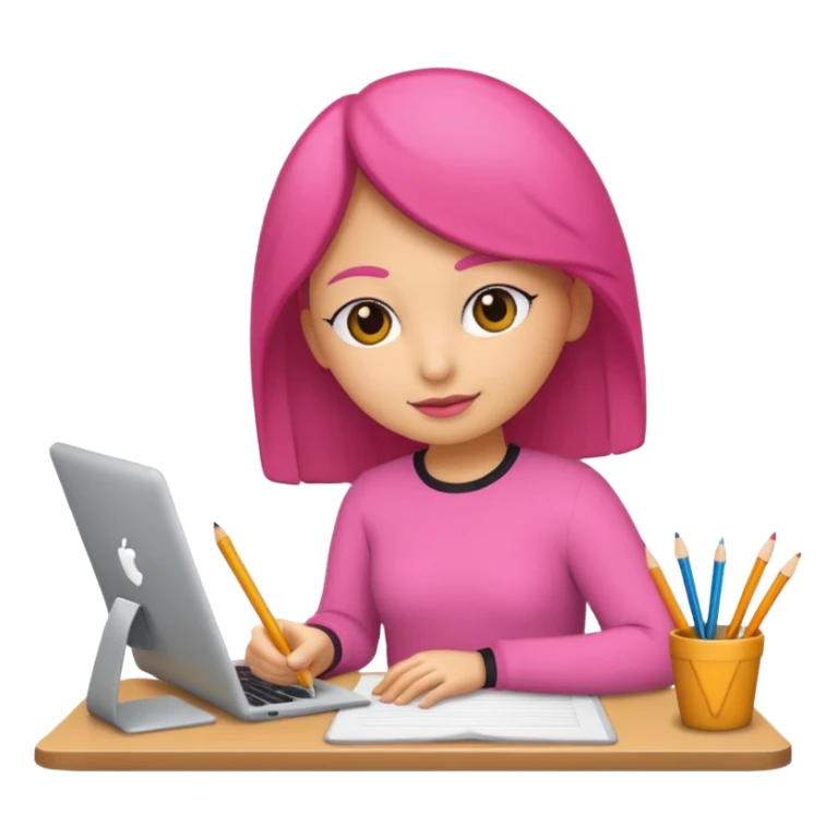 chica rosa pensando ideas con un escritorio sticker