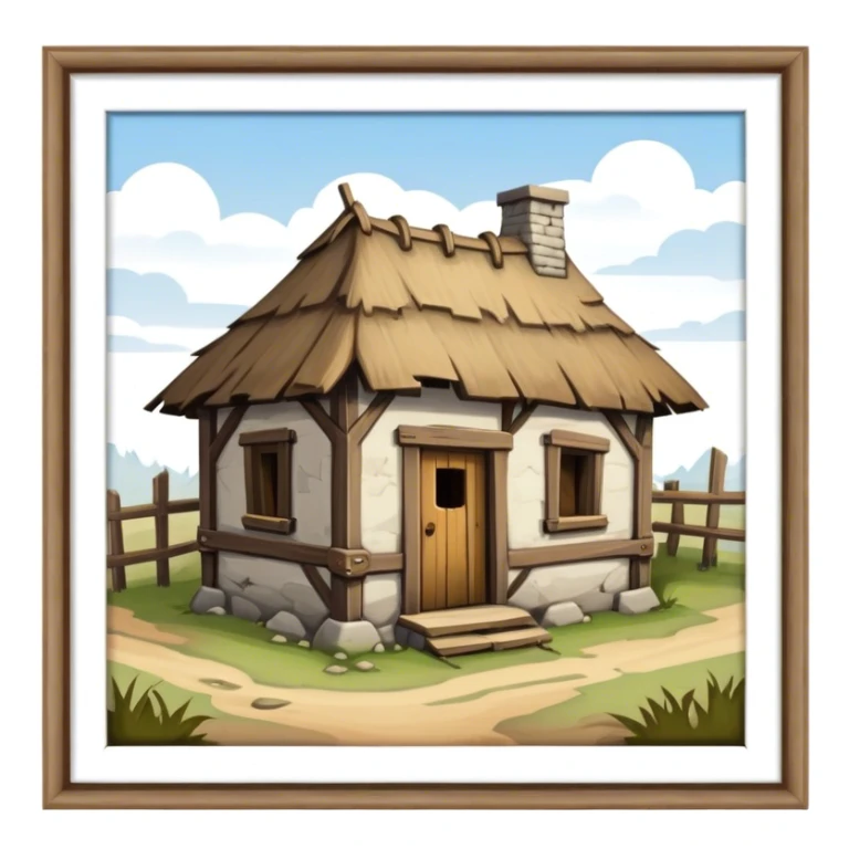 medieval low level old shack building. An old, windowless, dilapidated shack. sticker