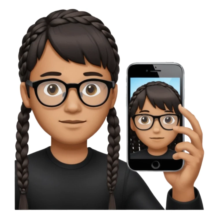 He's wearing black, left braided hair, full bangs, bangs and glasses, and taking a mirror selfie with a white iPhone sticker