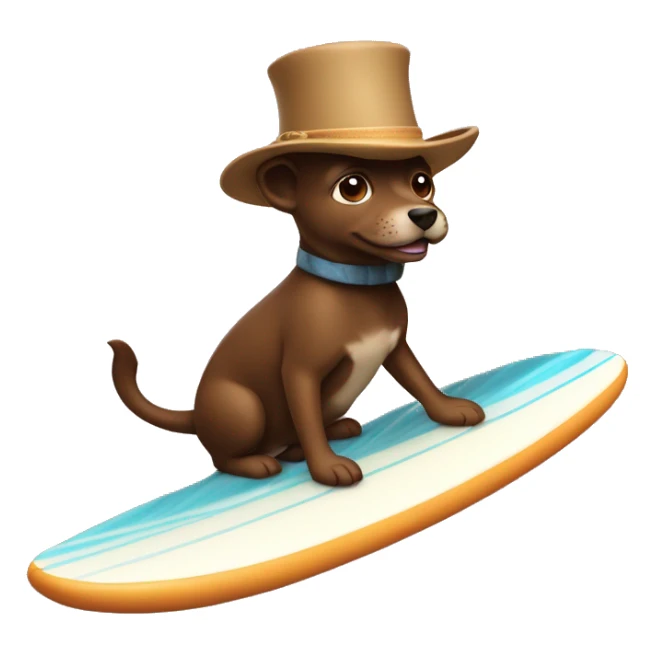 Brown chihahau riding surfboard with tophat sticker