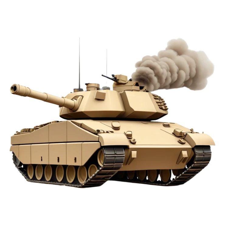 M1 Abrams (2022) – Cinematic-realistic M1 Abrams tank, its imposing desert-tan frame rolling across a war-torn battlefield. The massive 120mm smoothbore cannon swings into position, its engine roaring as it crushes debris under its heavy treads, dust and smoke swirling in the fiery glow of distant explosions. sticker