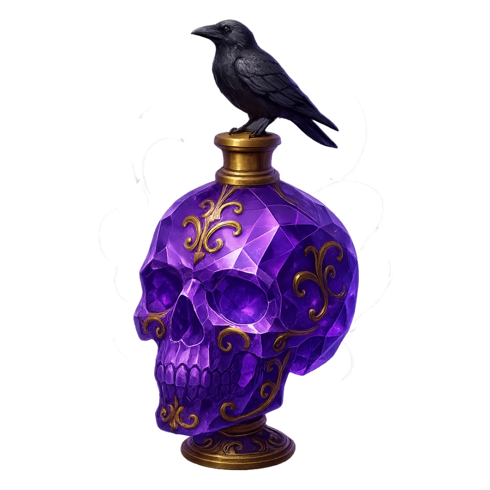 crystal, luxurious skull-shaped elixir bottle, violet, lots of glowing, facets, ornaments, golden details, magical effects, very small golden neck, transparent background, beautiful connected base, clearly floating in the air, no base or shadow, small crow on top, premium class, matching the collection sticker