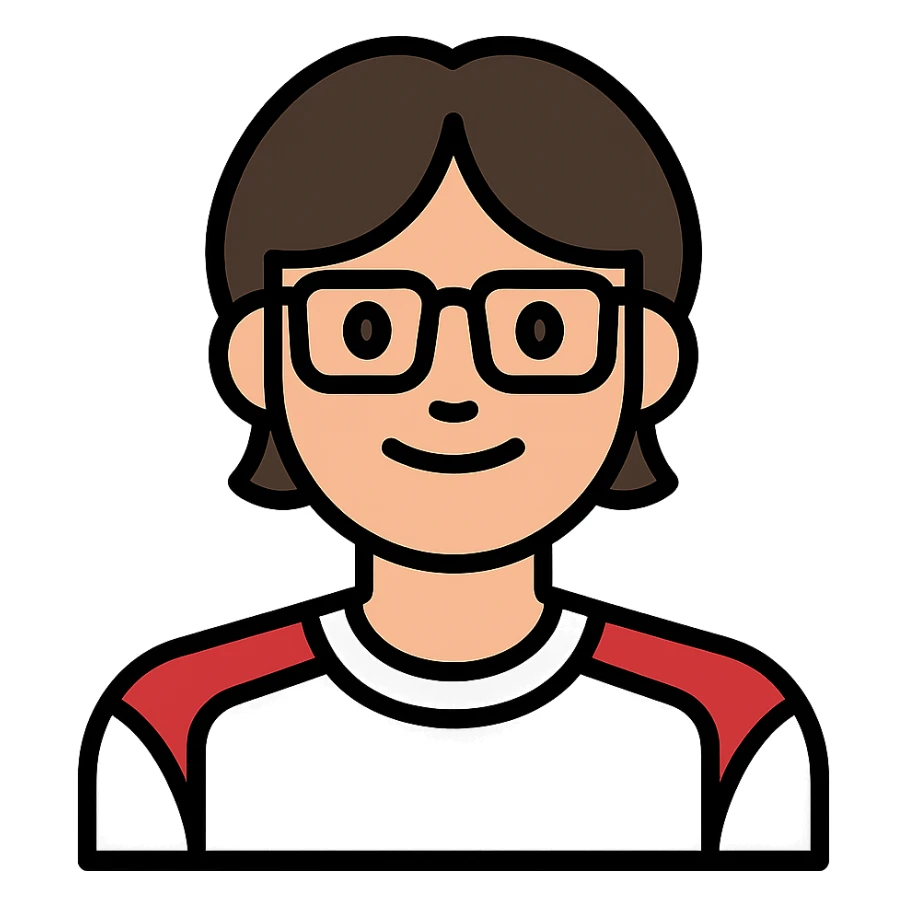 Dark-haired guy with hair to his earlobes, square black glasses, brown eyes sticker
