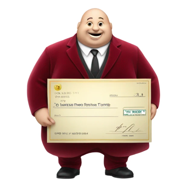 fat guy in dark red velvet suit holding cheque sticker