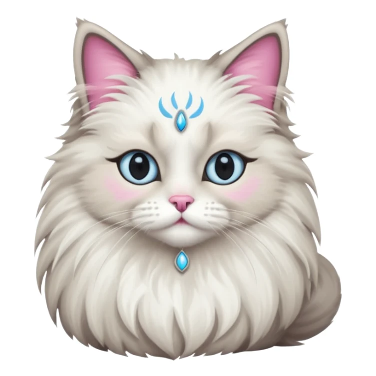 Neva masquerade cat, very fluffy, gray and white, with pale blue eyes and pink nose sticker