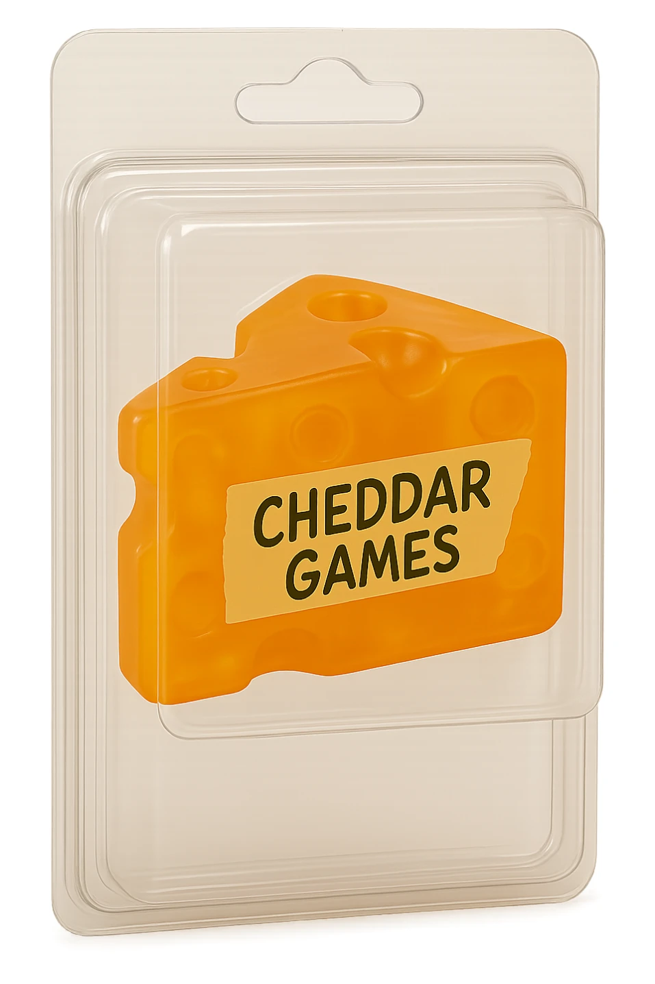 Create a realistic plastic packaging for a retail toy or collectible product containing a clear orange cheddar cheese block labeled 'Cheddar Games'. The packaging should look like a retail toy or collectible box with transparent plastic, no background, and showcase the cheese block clearly inside the packaging. sticker