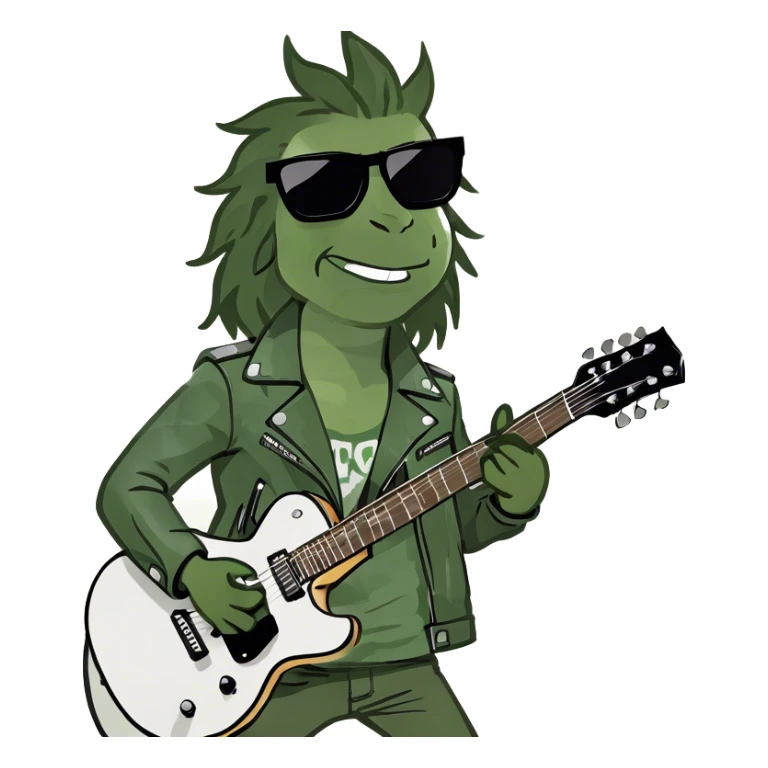 Super strong rockstar on the guitar while being shined on by a massive spotlight with his hair blowing and a cool aura sticker