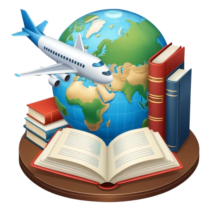 An icon featuring hotel building, globe, books, documents, an airplane, symbolizing the study of tourism and hospitality. The design highlights the global travel industry, with elements of research, planning, and international travel. Transparent background sticker