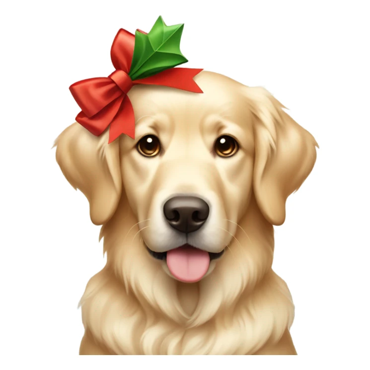 Cream colored golden retriever with a big Christmas bow on its head sticker