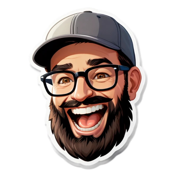 A man with a grey baseball cap, hazel eyes, big dark brown beard and glasses, laughing sticker