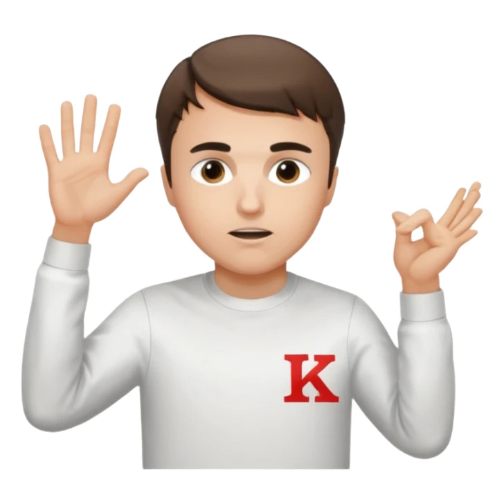 Charlie Kirk with a Charlie Chaplin mustache with a white freedom shirt while throwing up the letters c and k sticker