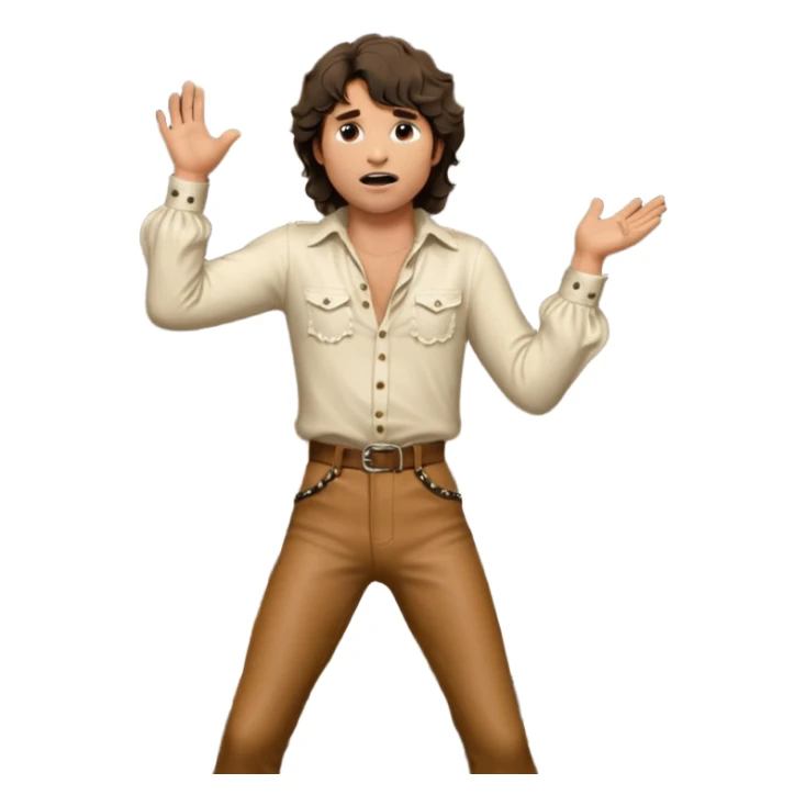 solarpunk realistic ultra HD - a thoughtful, messy, shaggy Jim Morrison in an ivory Victorian shirt, in an ecstatic dramatic pose, singing on stage sticker