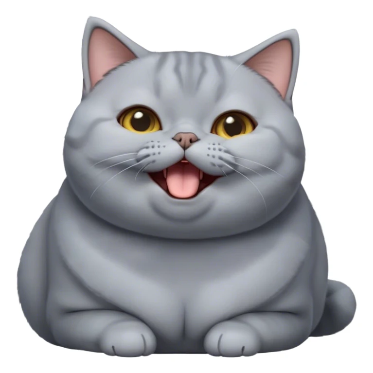Cinematic Cute Chubby Grey British Shorthair Cat Portrait Emoji, Head tilted playfully and yawning, round and plump body with sleek soft grey fur and subtle blue undertones, Simplified yet adorable features, highly detailed, glowing with a warm, friendly glow, high shine, curious yet calm, stylized with a touch of whimsy, bright and endearing, soft glowing outline, capturing the essence of a mischievous yet loving and lazy kitty, so cute it feels like it could stretch out of the screen and cuddle! sticker