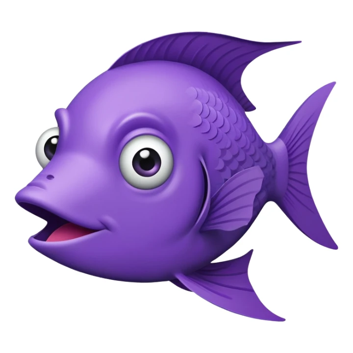 ultra derpy purple fish with wonky eye and comically large lips, perfect flat side profile facing right, exactly 90 degrees, completely 2D like a paper cutout, only one eye visible, absolute side view sticker