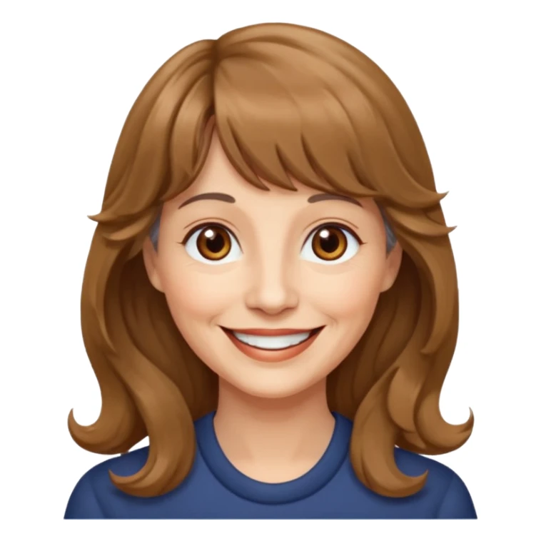 60 yr old woman, small brown eyes, long wavy light brown hair, bangs,  sticker