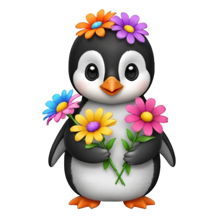 Cute baby penguin holding flower bouquet sticker