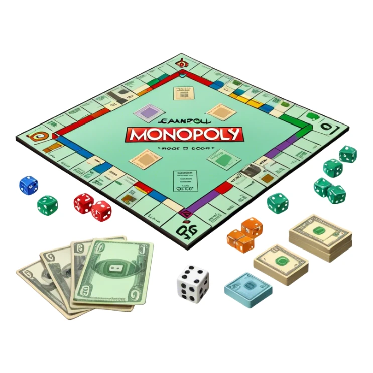 A photorealistic icon featuring a Monopoly board with property spaces, colorful game tokens, dice, and stacks of money. The design includes detailed textures of the board, cards, and tokens, capturing the essence of the Monopoly game. Transparent background, symbolizing Monopoly and board games. sticker