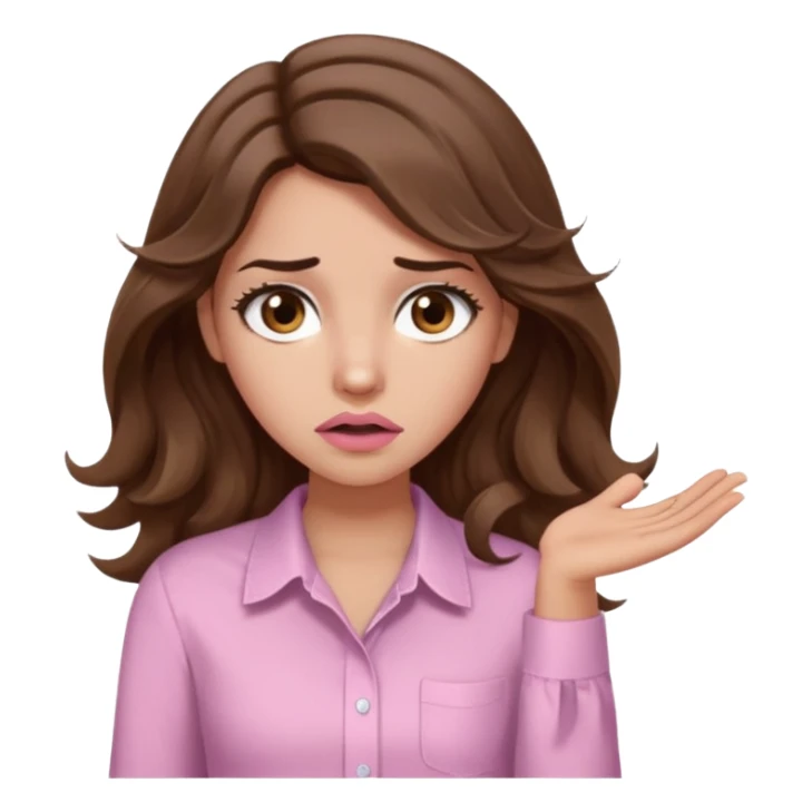 girl with wavy long brown hair, brown eyes, light to medium complexion, long lashes, light pink lipstick, wearing light pink shirt, shrugging, confused sticker
