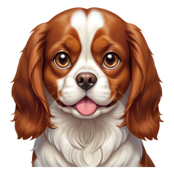 Cinematic Comical Blenheim Cavalier King Charles Spaniel Portrait Emoji, Head tilted dramatically with an exaggeratedly shocked or offended expression, short, silky Blenheim coat with bold chestnut and white patches, wide, expressive brown eyes filled with exaggerated disbelief, Simplified yet hilariously expressive features, highly detailed, glowing with a slightly sassy glow, high shine, dramatic yet playful, stylized with an air of attitude, bright and endearing, soft glowing outline, capturing the essence of a sassy and over-the-top pup, so meme-worthy it feels like it could side-eye its way into internet fame instantly! sticker