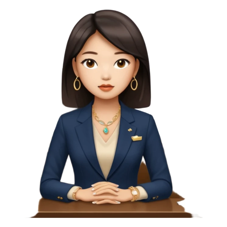 Jennie Kim, medium shot, in a chic office outfit with subtle jewelry sticker