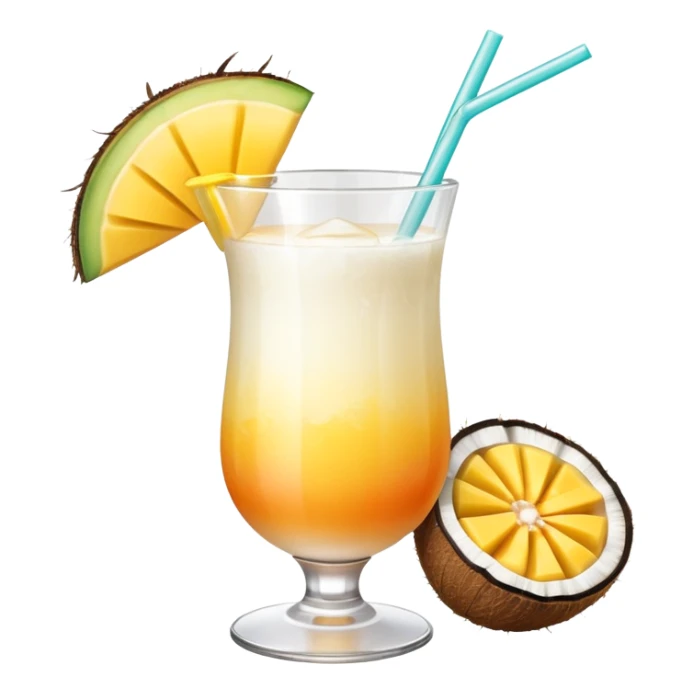 A beautiful cocktail with a creamy white to orange gradient, containing coconut juice and mango, reminiscent of summer. Above, there are tropical flowers, lemon slices, and a straws. sticker