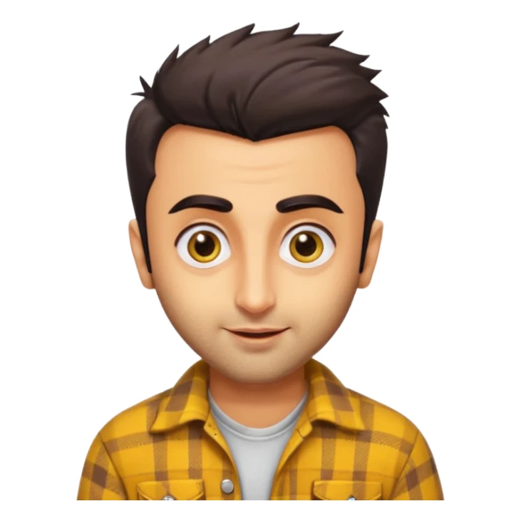 generate a pretty bratz emoji 
Make her look like Ranbir kapoor wearing a yellow flannel shirt, smirkinh

She should look exactly  like ranbir kapoor!  sticker