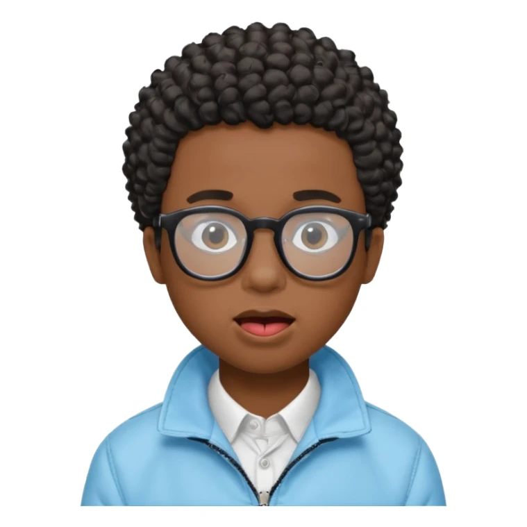 A dark-skinned boy with short curly hair, wearing square black-framed glasses, is sticking out his tongue and is wearing a light blue jacket. The figure is seen from the shoulders up. sticker