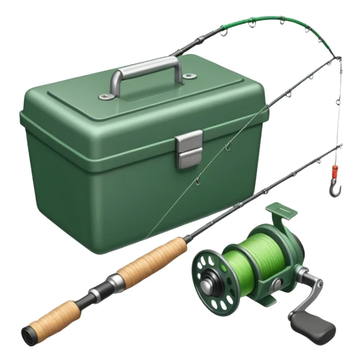 A fishing rod with reel and line neatly coiled beside a bait box.

 sticker