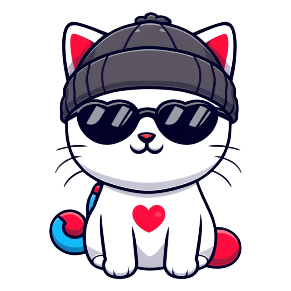 cat wearing a beanie and heart-shaped sunglasses sticker