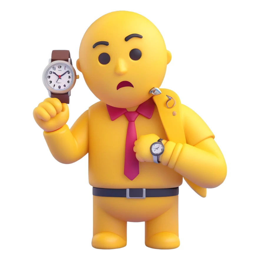 A yellow emoji face with a worried expression, looking at a wristwatch with raised eyebrows, showing urgency and stress sticker
