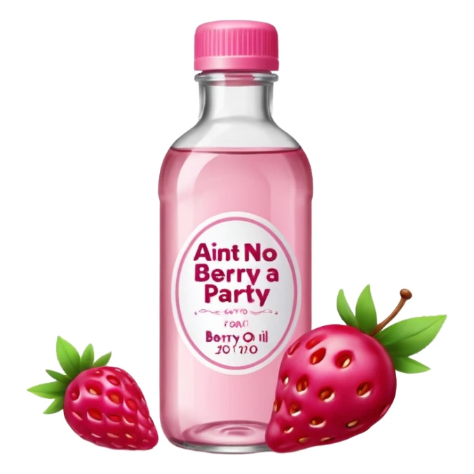 realistic Johnson and Johnson style bottle pink cap pink logo clear bottle with aint no party like a berry party written on the logo with diddy oil and a berry on top bottle sticker